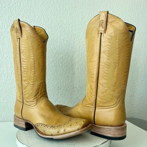 NEW Rod Patrick Mens Cowboy Boots 14B Tan Napa Buffalo Ostrich Western Blunt Toe - Picture 1 of 14